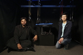 MIT Media Lab researchers Dhruv Jain (left) and Misha Sra are creators of the Amphibian SCUBA diving simulator.
