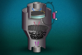 This illustration depicts a possible configuration for the combined system proposed by MIT researchers. At the bottom, steam (pink arrows) passes through pulverized coal, releasing gaseous fuel (red arrows) made up of hydrogen and carbon monoxide. This fuel goes into a solid oxide fuel cell (disks near top), where it reacts with oxygen from the air (blue arrows) to produce electricity (loop at rig...