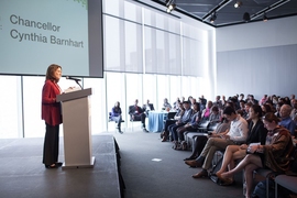 MIT Chancellor Cynthia Barnhart opens the MIT IDEAS awards ceremony.