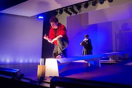 Isaac Newton in the foreground, played by Ben Spiro (2017) a junior studying mechanical engineering through the Cambridge-MIT exchange program. Hannah Smith, Newton’s mother is in the background, played by Sabrine Iqbal (2017) a junior pursuing majors in both mechanical engineering and theater arts. 
