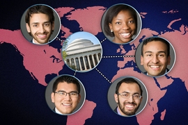 Five with MIT ties are among 30 winners nationwide of the 2016 Paul and Daisy Soros Fellowships for New Americans. Clockwise from top left: Eran Hodis, Lindsey Osmiri ’14, Vishwajith Sridharan, Abubakar Abid ’13, and Suan Lian Tuang ’14.