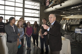 On Wednesday, James Lovell (right) spoke at MIT as a special guest, invited by the Department of Aeronautics and Astronautics. Lovell attended a pre-talk reception in AeroAstro’s Neumann Hangar. 