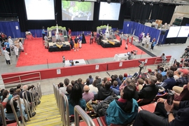 Hundreds of spectators crowded into Johnson Athletic Center to watch 32 student-built robots square off.