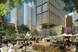 The future urban landscape will include zones for multiple uses and programming, and will also serve as an extension of MIT’s Infinite Corridor, connecting the main campus all the way through to East Campus and the Sloan School of Management. This rendering shows a northwest-facing view, including the two new buildings that will be built on the south side of Main Street.