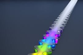 An artist’s embellishment of an image of the “gain medium” used to produce terahertz frequency combs. The different colors indicate that different wavelengths of oscillating terahertz radiation travel different distances through the medium, which has a different refractive index for each of them.
