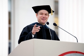 At MIT’s 2016 Commencement ceremony, actor and filmmaker Matt Damon urged graduates to “turn toward the problems that you see and engage with them.”