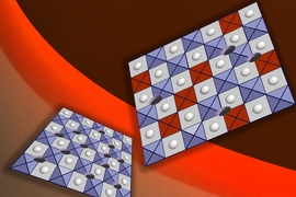 This diagram depicts the way a new surface treatment can improve the efficiency and longevity of perovskite materials for use in applications such as fuel-cell electrodes. Within the bulk of the material (bottom left) oxygen vacancies shown as “holes” are distributed throughout the material, and cause intense chemical reactivity. But on the surface, many of those vacancies get filled by oxygen...
