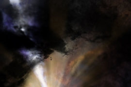 This illustration depicts the view from outside of a rapidly-accreting black hole. The bright light toward the center represents the super-heating of gas as it falls onto the black hole. Emanating from the center is a jet of accelerated particles moving near the speed of light. Surrounding the black hold is cool, clumpy gas and dust, which are falling inwards and will eventually join the material ...