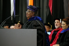 Ngozi Okonjo-Iweala MCP ’78, PhD ’81 told doctoral graduates their degree “confers a certain confidence in how to approach problems.” 
