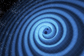 This illustration shows the merger of two black holes and the gravitational waves that ripple outward as the black holes spiral toward each other. The black holes — which represent those detected by LIGO on Dec. 26, 2015 — were 14 and 8 times the mass of the sun, until they merged, forming a single black hole 21 times the mass of the sun. In reality, the area near the black holes would appear ...