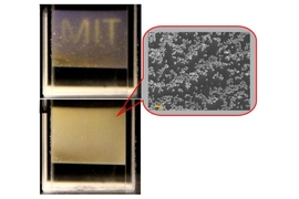 Changing the diffusivity of a solid-fluid mixture renders the letters "MIT" legible or illegible. Inset: the glass particles suspended in the mixture.