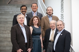 CSAIL directors past and present (clockwise from top left): Anant Agarwal, Victor Zue, Ed Fredkin, Rodney Brooks (far right), Fano, Daniela Rus, and Patrick Winston