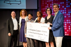 Brenna Schneider, second from right, the founder and CEO of apparel maker 99Degrees Custom. The firm was a grand-prize champion at MIT’s first Inclusive Innovation Competition, on September 27, 2016.