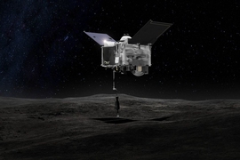 This artist's depiction shows the OSIRIS-REx spacecraft contacting the asteroid Bennu with its Touch-And-Go Sample Arm. The mission aims to return a sample of Bennu's surface coating to Earth and to return detailed information about the asteroid and its trajectory.
