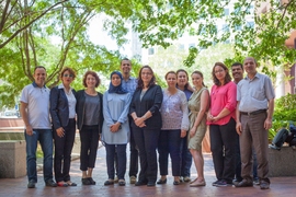 MIT professor Hazel Sive, third from left, met with Tunisian professors who participated in the new MIT-Educator program on campus this summer. From left to right: Dr. Youssef Trifa; Dr. Hend Younsi Kaabachi; professor Hazel Sive; Dr. Dalila Haouas; Dr. Karim Naghmouchi; professor Amel Hamza-Chaffai; Dr. Karima Fadhlaoui; Dr. Mahfoudh Wijden; Julia Reynolds-Cuellar; Dr. Saoussen Benzarti; Dr. Nab...