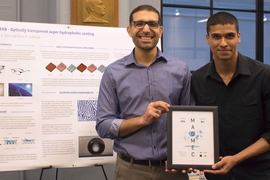 PolyClean, a team formed by PhD students Karim Gadelrab (left) and Mukarram Tahir, took home the $10,000 grand prize at yesterday’s MADMEC competition for developing a transparent, water-shedding coating for car windshields. 