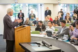 MIT economist and Nobel laureate Bengt Holmström spoke at an Oct. 10 on-campus press conference.