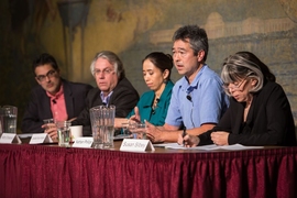 From left: Kieran Setiya, professor of philosophy at MIT; Kerry Emanuel, professor of meteorology at MIT; Janelle Knox-Hayes, the Lister Brothers Associate Professor of Economic Geography and Planning in the Department of Urban Studies and Planning; Nathan Phillips (speaking), professor in the Department of Earth and Environment at Boston University; and Susan Silbey, the Leon and Anne Goldberg Pr...