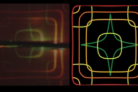 This image shows theoretical (right) and experimental (left) iso-frequency contours of a photonic crystal slabs superimposed on each other. 
