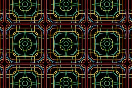 This image shows simulated iso-frequency contours of a photonic crystal slab superimposed on each other and tiled. 
