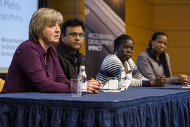 The panel, "From Idea to Impact: Lessons from Three Social Entrepreneurs" included (from left): Donna Brezinski, founder and CEO of Little Sparrows Technology; Khanjan Mehta, founding director of the Humanitarian Engineering and Social Entrepreneurship (HESE) Program; Betty Ikalany, founder and director of Appropriate Energy Saving Technologies; and MIT alumna Bilikiss Adebiyi-Abiola MBA '12, foun...