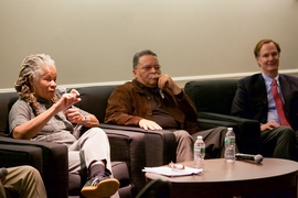 The 1960s were “a heady time for the nation,” recalled civil rights activist Janet Moses, left, at a luncheon celebrating “Activism in the Era of MLK.” Topper Carew, middle, a filmmaker originally from Boston’s Roxbury neighborhood and a principal investigator at MIT’s Media Lab, was also on the panel led by Institute Community and Equity Officer Edmund Bertschinger, right. 