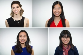 (Clockwise from top left) Alix de Monts ’14, Anita Liu ’17, Lisa Ho ’17, and Melody Liu ’17 have been selected as Schwarzman Scholars. 
