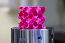 3-D-printed gyroid models such as this one were used to test the strength and mechanical properties of a new lightweight material. 