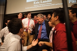 The MIT Logarhythms serenaded Lander before his lecture.
