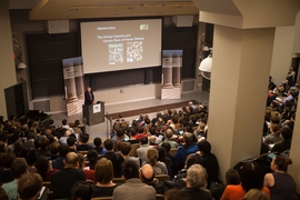 Lander delivered his lecture to a standing-room-only audience in MIT’s Room 10-250.
