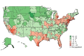 A new study co-authored by MIT scholars shows regions of the U.S. where medical providers are most likely to offer tests and treatments, given populations with equivalent levels of underlying health. Areas with greater “diagnostic intensity,” as the researchers call it, are in red.
