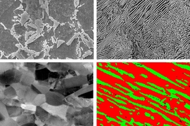 Researchers have developed a type of steel with three characteristics that help it resist microcracks that lead to fatigue failure: a layered nanostructure, a mixture of microstructural phases with different degrees of hardness, and a metastable composition. They compared samples of metal with just one or two of these key attributes (top left, top right, and bottom left) and with all three (bottom...