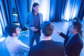 NBA player Luis Scola talks to attendees after speaking on a panel at SSAC last weekend. 

