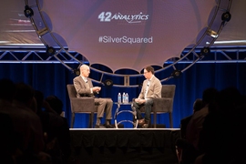 Adam Silver, commissioner of the NBA, (left) conducted an on-stage interview with author and statistician Nate Silver.
