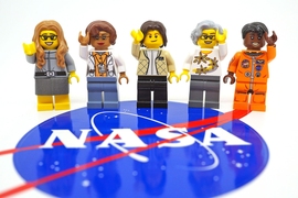 Minifigures of five NASA pioneers — from left to right, Margaret Hamilton, Katherine Johnson, Sally Ride, Nancy Grace Roman, and Mae Jemison — will appear in an official LEGO set originally designed by MIT staff member Maia Weinstock.