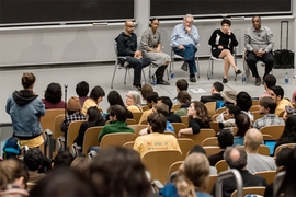 A panel discussion on intellectual responsibility at the MIT Day of Action. From left: Junot Díaz, the Rudge and Nancy Allen Professor of Writing at MIT; Saida Grundy, an assistant professor of sociology and African American studies at Boston University; MIT Institute professor Noam Chomsky; Naomi Orestes, a professor of the history of science at Harvard University; and J. Phillip Thompson, an as...