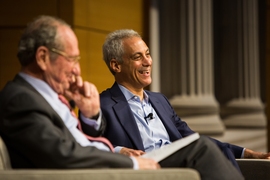 “A hundred cities around the world today drive the economic, intellectual, and cultural energy of the world economy,” Chicago Mayor Rahm Emanuel (right) told an audience of nearly 300 in the Wong Auditorium on April 14. In a conversation moderated by Institute Professor John Deutch (left), Emanuel discussed several new initiatives in Chicago and offered his views on issues ranging from early c...