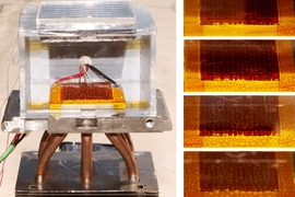 This proof-of-concept device, built at MIT, demonstrates a new system for extracting drinking water from the air. The sequence of images at right shows how droplets of water accumulate over time as the inside temperature increases while exposed to the sun.

