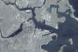This panchromatic-sharpened, natural-color image of Boston was generated from data collected during an April 23, 2001 scan by the Earth-Observing-1's Advanced Land Imager.
