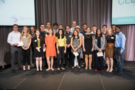 All winning teams of the annual IDEAS Global Challenge, held Saturday, April 29, in the MIT Media Lab. 