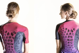 This breathable workout suit prototype has ventilating flaps that open and close in response to an athlete’s body heat and sweat. The left photo was taken before exercise when ventilation flaps are flat; after exercise, the ventilation flaps have curved.
