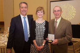 Left to right: School of Engineering Dean Ian A. Waitz, graduate student Mary Elizabeth Wagner, and Alan Oppenheim '59, ScD '64, who is a sponsor of the School of Engineering Graduate Student Award for Extraordinary Teaching and Mentoring.