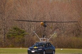JHO first flight, May 4, 2017 at Plum Island (Mass.) Airport. The aircraft is launched from a moving vehicle. 
