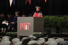 Guest speaker Lisa Su ’90 SM ’91 PhD ’94, the president and CEO of Advanced Micro Devices, urged MIT’s new doctoral graduates to “dream big” and “work hard every day to solve the world’s toughest problems,” in her address at the Institute’s Investiture of Doctoral Hoods on June 8, 2017.
