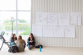 By the last day of the hackathon, more than 20 teams stationed around the MIT Media Lab’s sixth floor had design mockups drawn on poster boards, algorithms and brainstorming notes scribbled on large sheets of hanging paper, and even hardware and software prototypes on display.