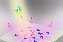 In this image, light strikes a molecular lattice deposited on a metal substrate. The molecules can quickly exchange energy with the metal below, a mechanism that leads to a much faster response time for the emission of fluorescent light from the lattice.
