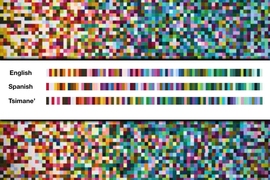 MIT researchers have found that languages tend to divide the "warm" part of the color spectrum into more color words than the "cooler" regions, which makes communication of warmer colors more consistent. From left to right, this chart shows the order of most to least efficiently communicated colors, in English, Spanish, and Tsimane' languages.
