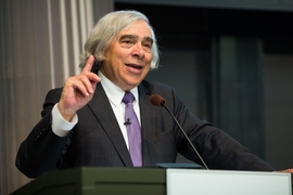 Professor Ernest Moniz speaks at the 2017 Karl Taylor Compton Lecture, titled “Reducing Global Threats: Climate Change and Nuclear Security.”
