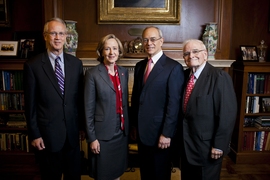 MIT’s four most recent presidents are pictured here. From left to right: Charles Vest, Susan Hockfield, L. Rafael Reif, and Paul Gray. 