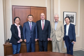 Pictured from left: Siqi Zheng, Samuel Tak Lee Associate Professor and faculty director of China Future City Lab; Bin Yang, vice president and provost of Tsinghua University; Martin Schmidt, MIT provost; Richard Lester, MIT associate provost for international activities; Zhengzhen Tan, executive director of China Future City Lab
